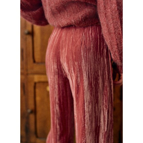 Sézane Tyler Trousers Velvet High Waisted Wide Straight Leg Pants Pink Size 40 - Picture 2 of 8